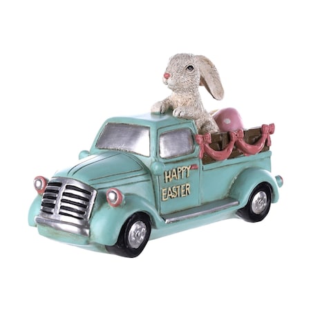 Homeroots 10" Aqua Resin Happy Easter Bunny And Car Figurine 592938