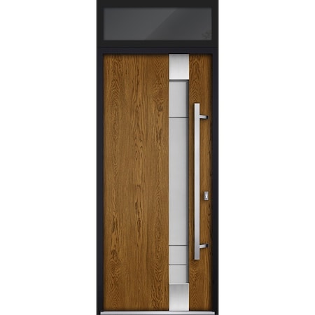 Vdomdoors Steel Door Deux 1713 Natural Oak Transom Black Window Stainless Inserts Single Modern Painted-W36xH DEUX1713EXD-OAKB-W36 x H80+16-Left-hand Inswing