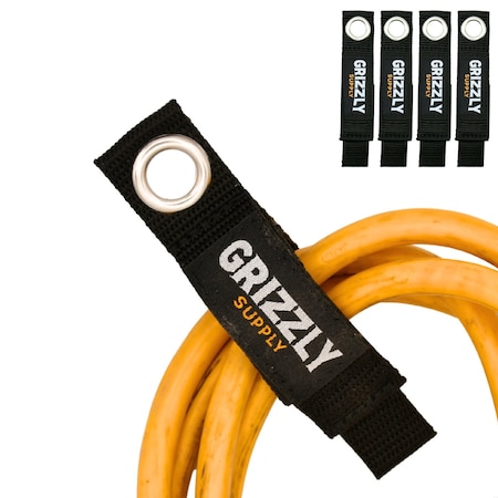 Grizzly Supply Storage Strap, 7 in L, 1 in W, Hook and Loop Closure, Metal Grommet, Reusable, Black, 4PK GS-HLSS7-0