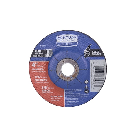 Century Drill & Tool Abrasive Cut-Off Wheel, Type 27A, 4 in Dia, 0.045 in Thick, 5/8 in Arbor Hole Size, Aluminum Oxide 75551