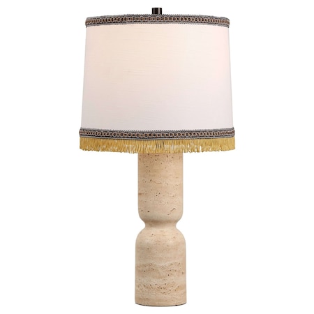 Jonathan Y Lacy 25.25" Organic Modern Sculptural Hourglass Travertine Stone w/Fringed Drum Shade LED Table Lamp JYL5612A