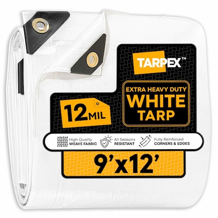 Tarpex Extra Heavy Duty Tarp, 9 ft x 12 ft, 12 Mil, White, Polyethylene WHD-TA-912