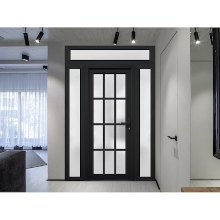 Vdomdoors Front Exterior Prehung FiberGlass Door Frosted Glass / Manux 8312 Matte Black / 2 Sidelight and Tra MANUX8312EXD-BLK-W14+36+14 x H80+14-RH
