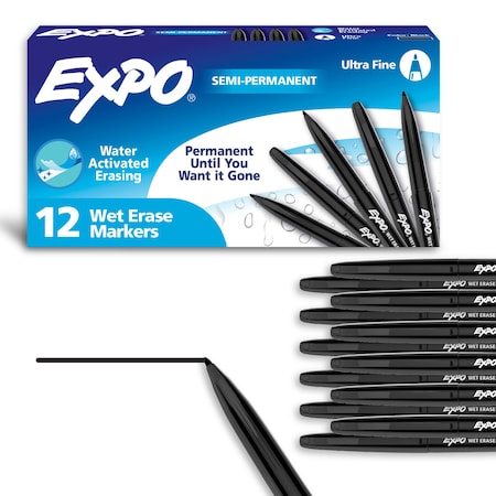 Expo Vis-a-Vis Wet-Erase Markers, Ultra Fine Tip, Black, 12PK SAN16001