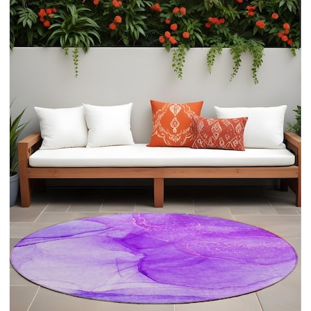 Homeroots 8' Round Purple Round Abstract Washable Non Skid Indoor Outdoor Area Rug 559771