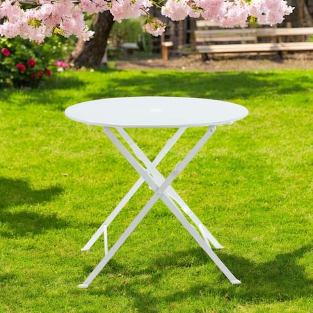 Homeroots 30" White Rounded Aluminum Folding Outdoor Bistro Table with Umbrella Hole 606430