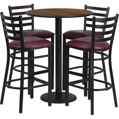 Flash Furniture Round Walnut Bar Table, X-Base w/Burgndy Seats, Laminate Top, Wood Grain RSRB1028-GG
