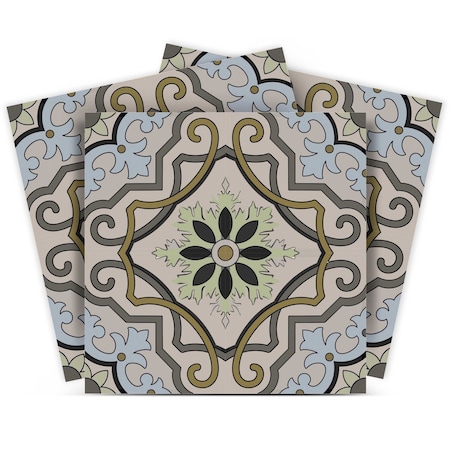 Homeroots 7" X 7" Taupe and Blue Scroll Peel and Stick Tiles 400048