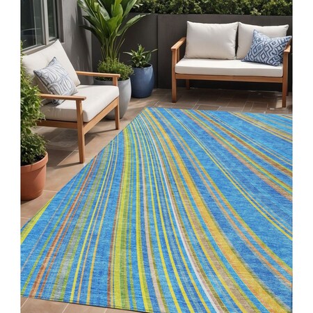 Homeroots 5' X 8' Denim Blue Sky Blue And Gold Striped Washable Indoor Outdoor Area Rug 614972