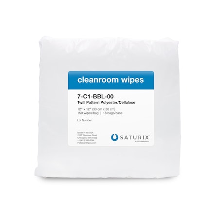 Saturix Nonwoven Polyester Cellulose Cleanroom Wipes, 12 in x 12 in, 150 wipes per bag 7-C1-BBL-00