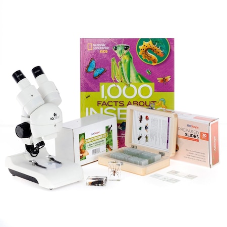 Amscope Kid's Genuine Insect Adventurer Set featuring Deluxe All-In-One Stereo Microscope, Ultimate Insect E KVB-INST-122-ADV