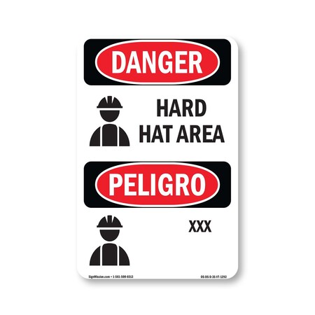 Signmission OSHA Danger Sign, Hard Hat Area Bilingual, 5in X 3.5in Decal, OS-DS-D-35-VT-1292 OS-DS-D-35-VT-1292