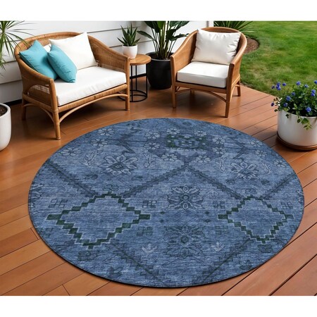 Homeroots 8' Navy Blue And Denim Blue Round Floral Washable Indoor Outdoor Area Rug 588896