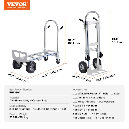 Vevor Aluminum Hand Truck 2 in 1 Folding Dolly Cart 800 lbs Capacity Heavy Duty FHT250A