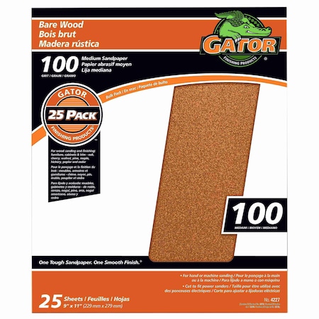 Gator Finishing 9 x 11 in. Bare Wood Sandpaper, 100 Grit, Medium, 25PK 4227
