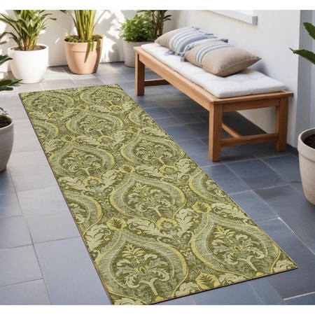 Homeroots 8' Runner Green Damask Washable Non Skid Indoor Outdoor Runner Rug 563881