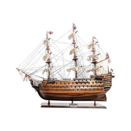 Homeroots 27" Wood Brown Solid Wood Hand Painted Model Boat Tabletop Sculpture 401842