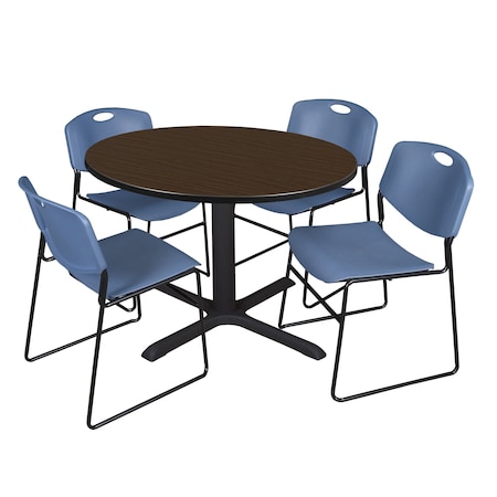 Regency Round Cain Breakroom Table W/ 4 Zeng Stack Chairs, 48 in W, 48 in L, Neo Walnut TB48RNDNW44BE