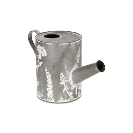 Homeroots 8" Gray And White Galvanized Metal Flowers Hand Painted Decorative Watering Can 635817