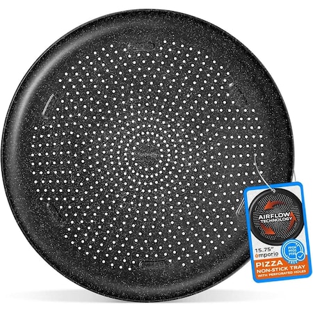Emporio Kitchen Pizza Baking Pan, 15.75-Inch Round Perforated Carbon Steel Tray with Non-Stick Gray Marble Coating EMPPIZ0198