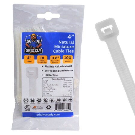 Grizzly Supply Cable Tie, 4 in L, 18 lb Strength, 1.0 in Max Bundle Dia, Nylon 6/6, Natural, 100PK GS-M4-18-9C