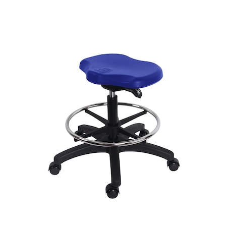 Blue Ridge Ergonomics Poly Ray Sit-Stand Stool-Medium Bench Height with Chrome Foot Ring & Casters in Blue Poly PRPMBSO-RG-CF-RC-BLU