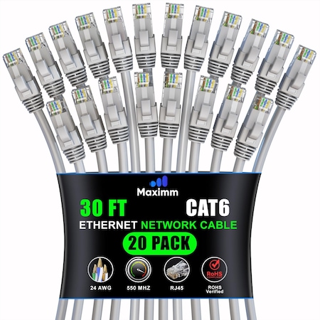 Maximm Cat6 Ethernet Cable 30ft 10Gbps 550MHz UTP, 20PK, Gray, 20PK CAT6CCA-30GR-20PK