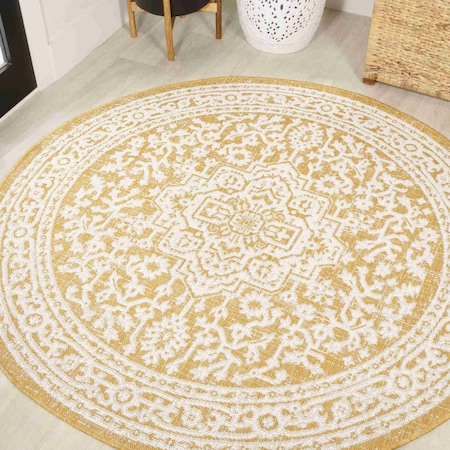 Jonathan Y Sinjuri Medallion Textured Weave Yellow/Cream 5 ft Round Indoor/Outdoor Area Rug SMB101I-5R