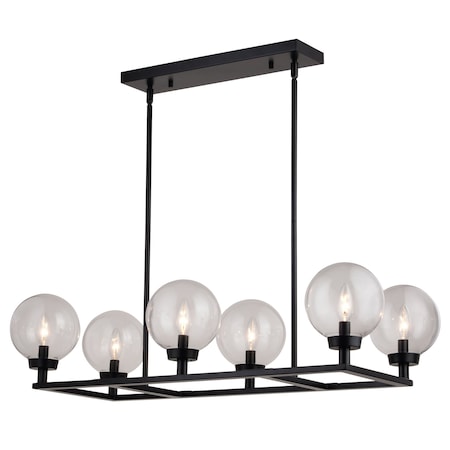 Vaxcel Lander 6 Light Matte Black Linear Chandelier Island Pendant Fixture with Clear Glass Globes H0278