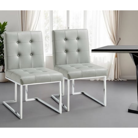 Homeroots Set of Two Tufted Light Gray and Silver Metallic Upholstered Faux Leather Dining Side Chairs 543549