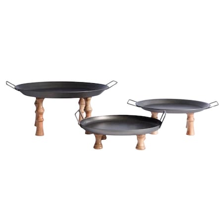 Homeroots Set of Three Black And Brown Wood And Metal Round Riser Trays With Handles 636206