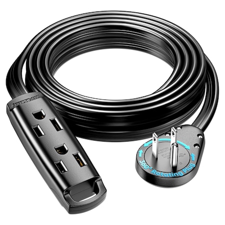 Maximm 10ft 14AWG 3-Outlet 360 degrees Flat Plug Extension Cord w/ Loop, UL, Black ADW-S360-C1F10-14B0