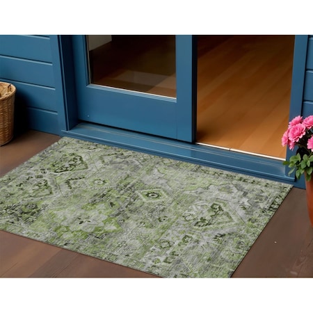 Homeroots 3' X 5' Artichoke Green And Gray Floral Medallion Washable Indoor Outdoor Area Rug 616610