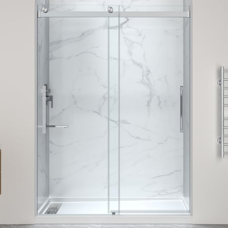 Anzzi 76'' x 57-60'' Sliding Frameless Shower Door in Brushed Nickel with Alcove Shower Base, Left Drain SD-5902303L-BN