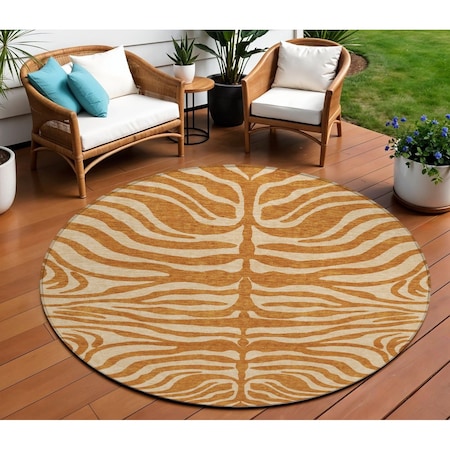 Homeroots 8' Copper And Tan Round Animal Print Washable Indoor Outdoor Area Rug 600644