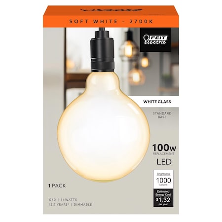 Feit G40 E26 (Medium) Filament LED Bulb Soft White 100 Watt Equivalence G40100W927CAFIL
