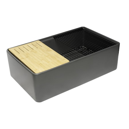 Alfi Brand Grey Matte Workstation 33''X20'' Single Bowl Step Rim Fireclay Farm Sink W/ Accessories ABFS3320S-GM