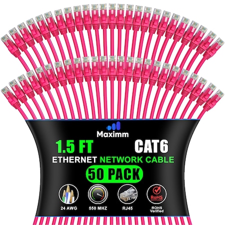Maximm Cat6 Ethernet Cable 1.5ft 10Gbps 550MHz UTP, 50PK, Pink, 50PK CAT6CCA-1.5PN-50PK