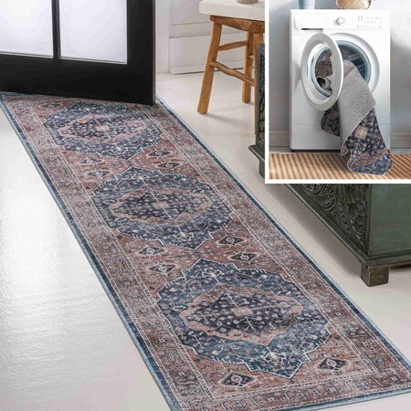 Jonathan Y Alacati Ogee Medallion Non-Slip Machine-Washable Navy/Brown 2 ft. x 8 ft. Runner Rug WSH103C-28