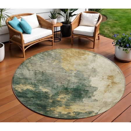 Homeroots 8' Fern Green And Gold Round Abstract Washable Indoor Outdoor Area Rug 603055