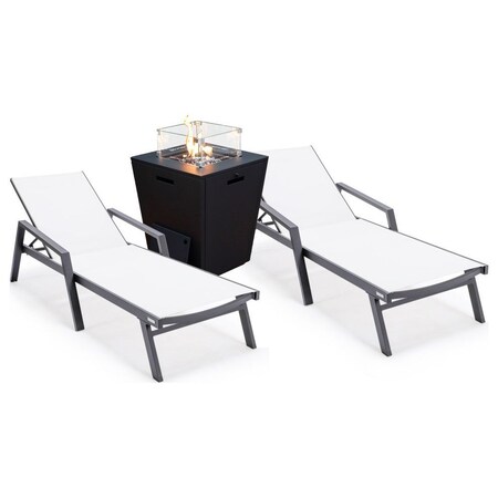 Leisuremod Marlin Black Aluminum Patio Chaise Lounge Chair, Arms Set of 2, Square Fire Pit Table, White MLABLCF21-77W2