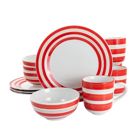 Gibson Home Sunset Stripes 12 Piece Round Fine Ceramic Dinnerware Set in Red 126915.12
