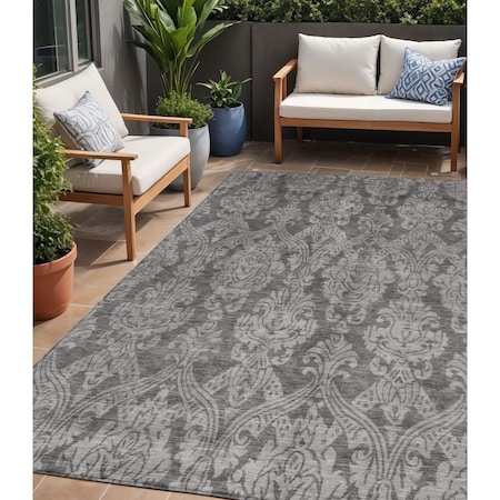 Homeroots 5' X 8' Gray And Pewter Damask Washable Indoor Outdoor Area Rug 616527