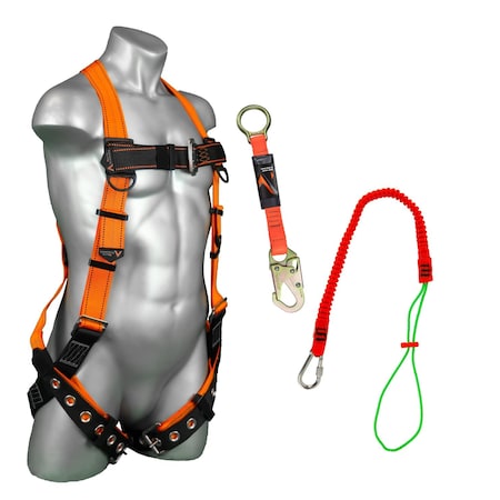 Malta Dynamics Safety Harness Fall Protection Kit, 3 Piece Bundle, Tongue Buckle Legs Full Body Harness L-XL B2002-C5010-C1006