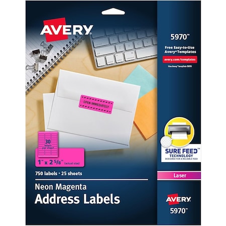 Avery High-Visibility Labels, Permanent Adhesive, Neon Magenta, 1" x 2-5/8", 750 Labels, 750PK 5970