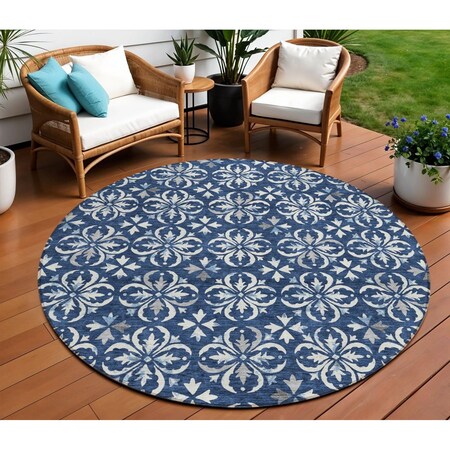 Homeroots 8' Navy Blue And Ivory Round Floral Washable Indoor Outdoor Area Rug 595975