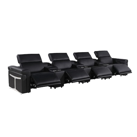 Homeroots 166" Black Top Grain Leather Reclining Metal USB Sofa 720373