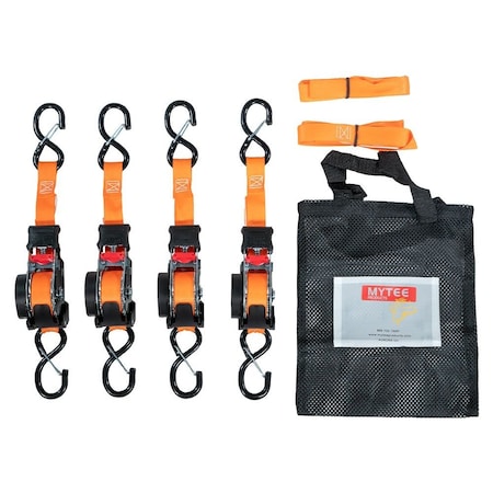 Mytee Products 1inx12ft Retractable Ratchet Straps Kit w/ Safety S-Hook & Loop Handlebar Strap, Orange RS112R-KIT-OR