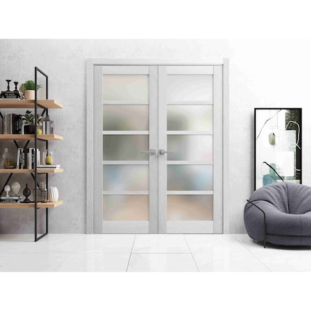 Sartodoors Solid French Double Doors Frosted Glass Grey 64x80 (2* 32x80) Solid Core Modern Interior QUADRO4002DD-OAK-64