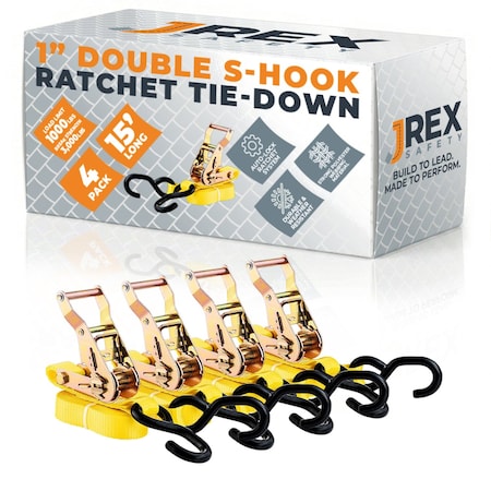 Jrex Safety 4PK HD Ratchet Straps with Double S Hooks, Yellow 1 in x 15 ft Tie Downs RTD115-JR-DSH-4PK
